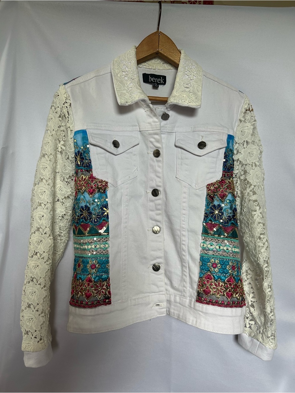 berek White Denim Jacket with Teal and Pink Embroidered Panels